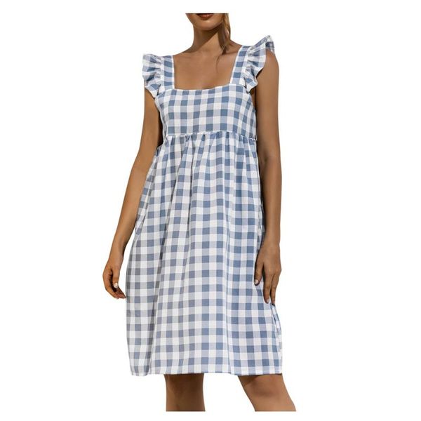 

casual dresses loose lattice print square collar mini women dress ruffle sleeveless button up elegant summer ropa de mujer #g2, Black;gray