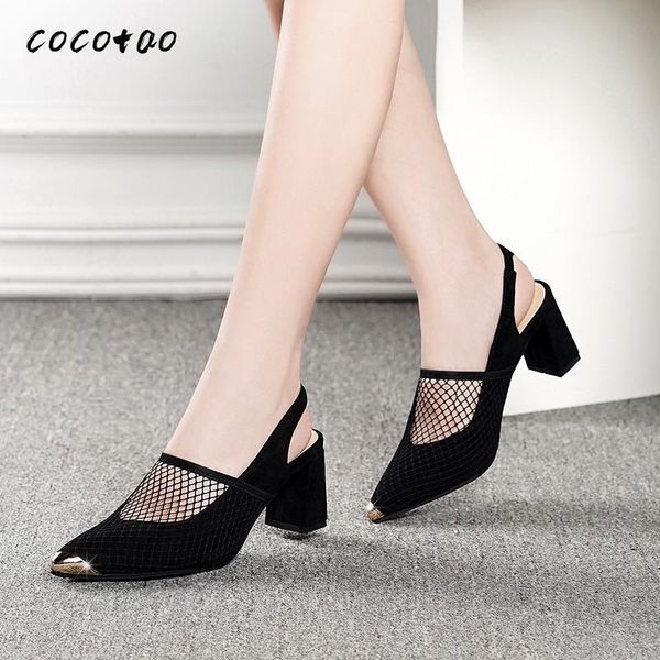 

dress shoes 2021 spring and summer pointed thick heel fashion sandals women breathable mesh lace baotou high heels, Black