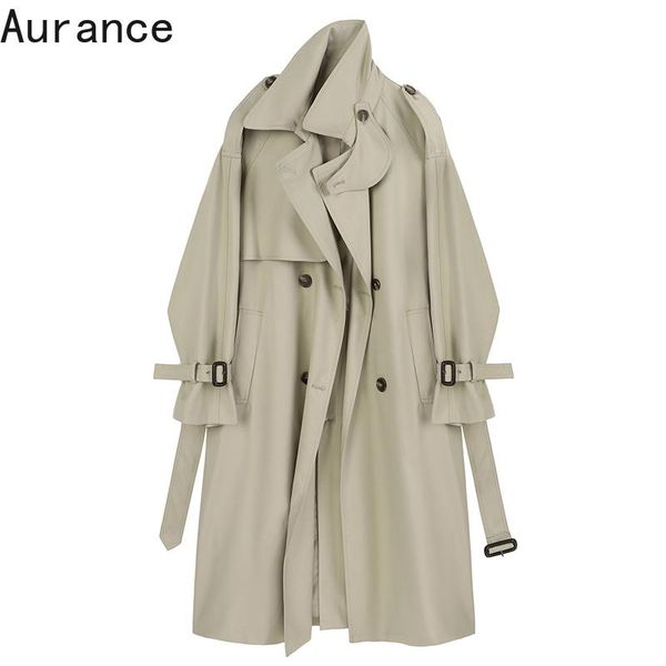 

[aurance] women long sleeve double breasted big size khaki trench notched loose windbreaker fashion spring female 2021 women's coats, Tan;black
