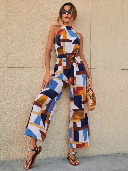 

geo print halter neck belted jumpsuit k1un#, White