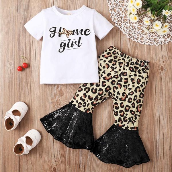 

clothing sets summer born toddler baby girls clothes short sleeve letter tshirt +leopard paillette flare pants outfits, White
