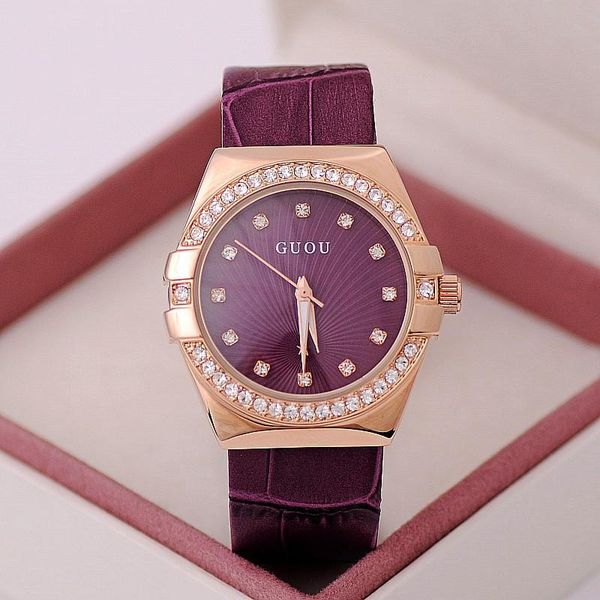 

wristwatches brand high grade women watch genuine leather rhinestone the latest trend purple diamond watches birthday gift, Slivery;brown