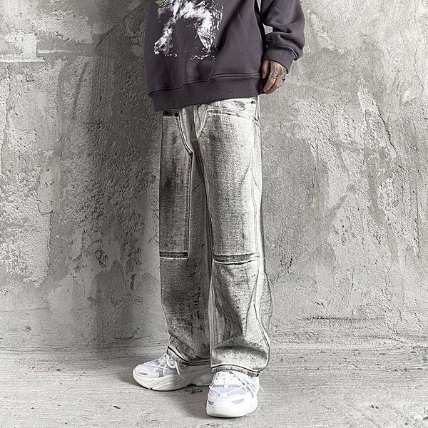 

men's jeans tie-dye washed loose wide-leg pants high street zipper knee oversize casual denim trousers hip hop baggy track, Blue