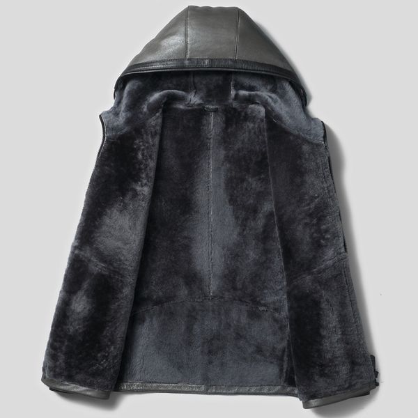 

mens sheepskin leather fur coat windbreaker thick warm winter jackets for man outwear casual military bomber motor biker jacket hoodies blac, Black