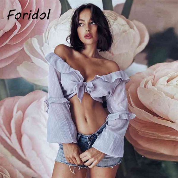 

glittering fabric ruffle purple blouse shirt women french style boho summer crop long sleeve casual 210427, White