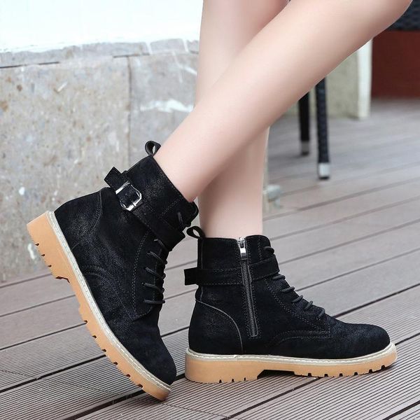 

boots solid flock ankle women shoes woman classic fashion flats winter lace up casual platform autumn outdoor, Black