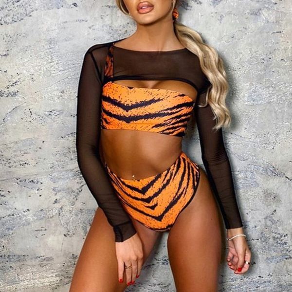 

new mesh long sleeve zebra high waist bikini female swimsuit women swimwear 3 pieces bikini set one shoulder bathing suit swiming