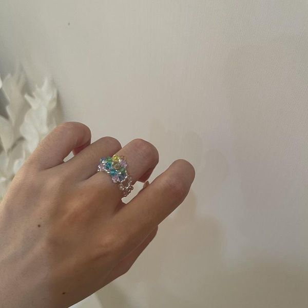 

wedding rings korean fashion trendy handmade multi-color small flowers rice beads ring women girl jewelry stretch weave style, Slivery;golden