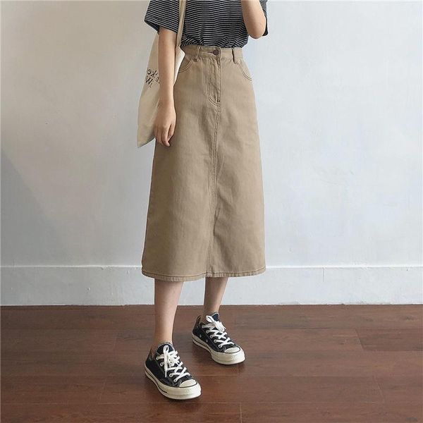 

skirts retro women's long denim skirt khaki oversized high waist button pocket split jeans straight plus size, Black