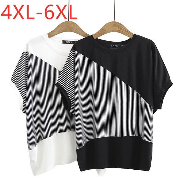 

ladies summer plus size for women large short bat sleeve loose knit stripe elastic o-neck t-shirt 4xl 5xl 6xl women's, White