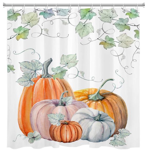 

fall pumpkin shower curtain set thanksgiving harvest watercolor green leaves autumn shower curtains for bathroom with hooks