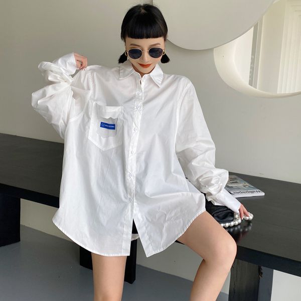 

[ewq] women white shirt female design sense niche fashion retro casual mid-length loose long-sleeved shirt wild tide1 16f091 210423