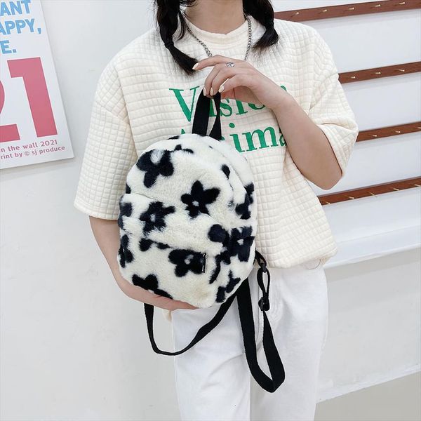 

cow zebra print school bags for women winter ins flower plush mini backpack female casual warm fur shoulder bag