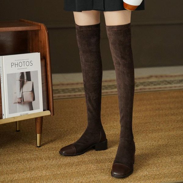 

boots spring autumn ladies over the knee fashion splicing slip on slim female winter comfortable square heel women's shoes, Black