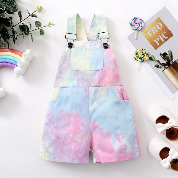 

jumpsuits children tie-dye denim suspender pants girls sleeveless square collar short overalls jumpsuit with pockets 12m-4t, Blue