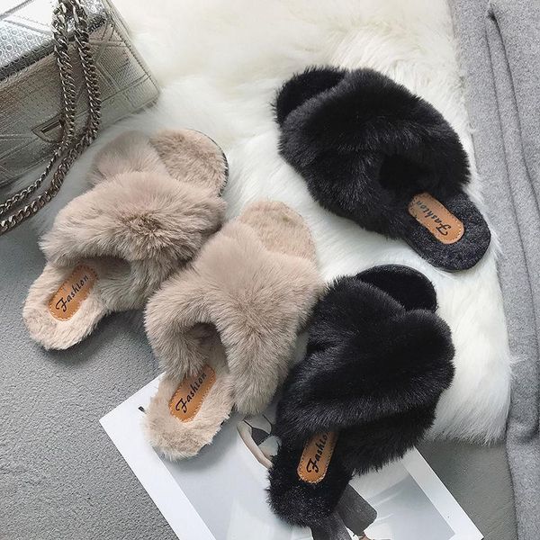 

apanzu slippers women winter fluffy shoes cross belt fur room slides sweet cute home indoor ladies furry, Black