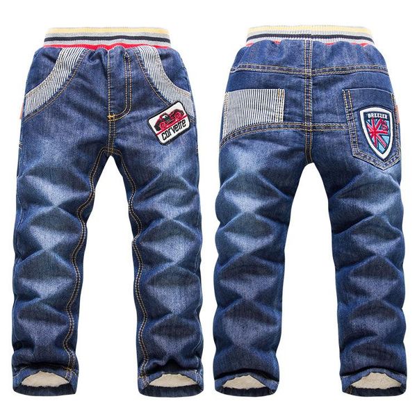 

jeans boys winter pants kids troursers warm high waist denim children fleece double layer age 3-7, Blue