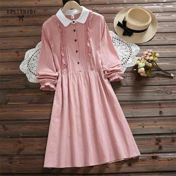 Abiti Verano Blu Rosa Stile giapponese Mori Girl Sweet Dress Donna Ruffles Manica lunga in cotone e lino Abiti vintage 210520