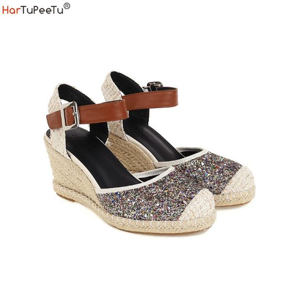 

dress shoes size 34~44 women wedges summer bohemia sandal bling sequins patchwork pu buckle 1.5cm platform footwear, Black