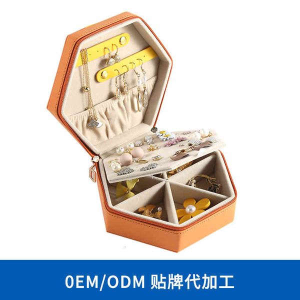 

cosmetic bags color matching light pu hexagonal portable jewelry box leather simple earrings storage three-layer