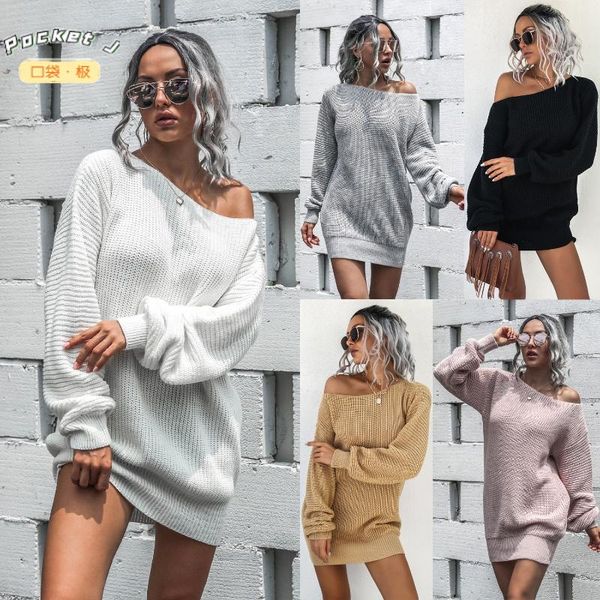 

casual dresses [pocket j] autumn and winter women knitted sweater skirt loose sloping shoulder lantern sleeve warm jacket dress, Black;gray