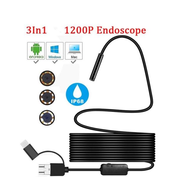 

cameras hd 1200p mini camera endoscope ip68 2m hard flexible tube mirco usb type-c borescope video inspection for android car