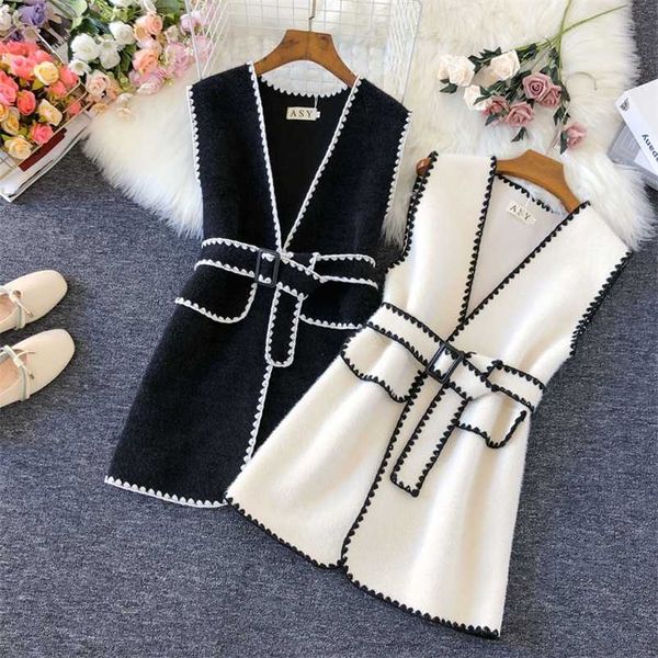 

korean mid-length wool vest jacket women elegant with sashes cardigan waistcoat vintage sweater knit outwear chalecos para mujer 211008, Black;white