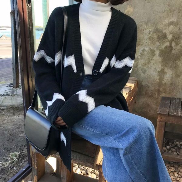 

women's sweaters autumn womens 2021 winter clothes women harajuku korean fashion personality vintage wavy knit cardigan sweater, White;black