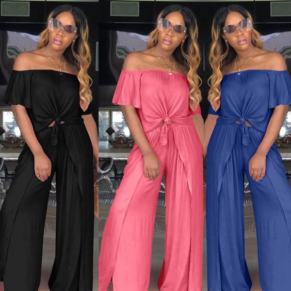 

women's two piece pants plus size loose 2 set fashion casual slash neck off-the shoulder wide leg trousers outfits summer women, White
