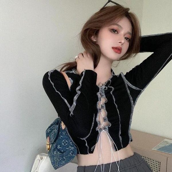 

women t-shirt short length solid color long sleeve drawstring slim fit t shirts women's, White