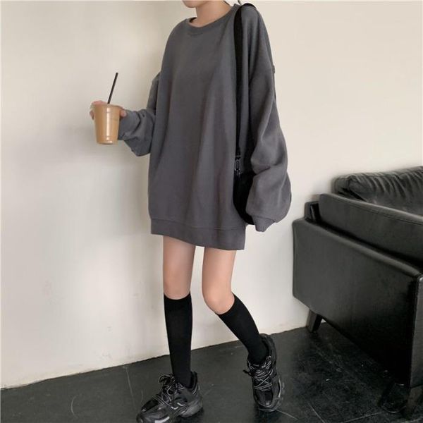 

women's hoodies & sweatshirts early autumn 2021 korean loose solid color casual student middle and long lazy style pullover fashion, Black