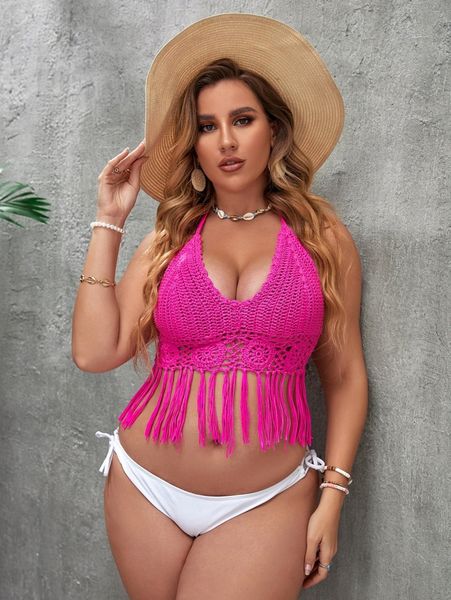 

plus fringe hem crochet halter cover up u9r7#, Black