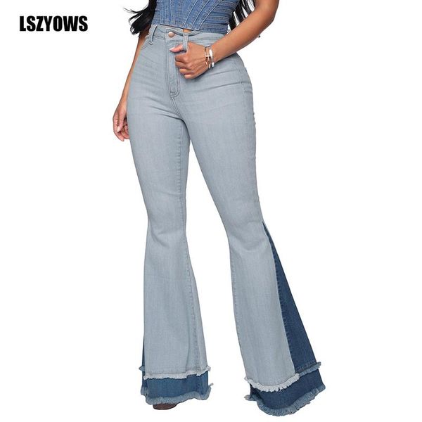 

color block patchwork flare jeans women high waist skinny casual pants ladies vintage washed wide leg trousers bell bottom women's, Blue
