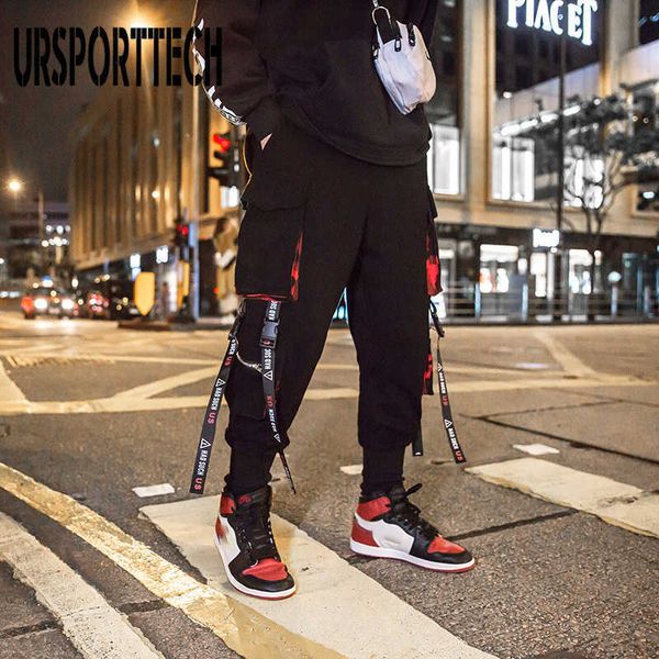 

ursporttech hip hop ribbons cargo pants men joggers pants streetwear men summer fashion elastic waist trousers for men xxxl 210528, Black