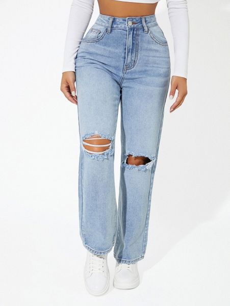 

petite high waist ripped jeans a7te#, Blue