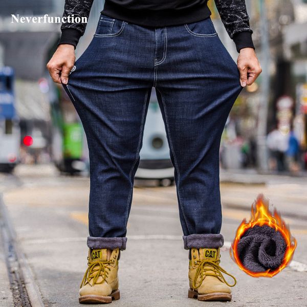 

jeans plus size 46 48 men winter thick velvet warm classic style business casual fashion man straight denim trousers, Blue