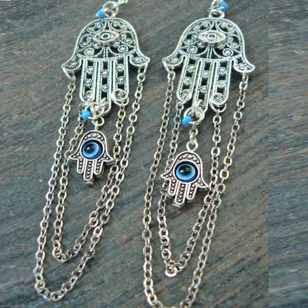 

dangle & chandelier hamsa earrings zen spiritual evil eye tribal fusion greek boho yoga, Silver
