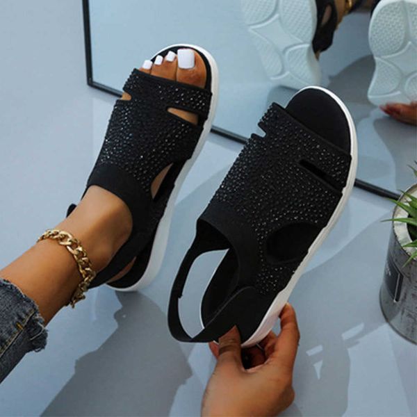 

summer womens shoes flying woven rhinestone upper sandals breathable lightweight mesh open toe y0721, Black