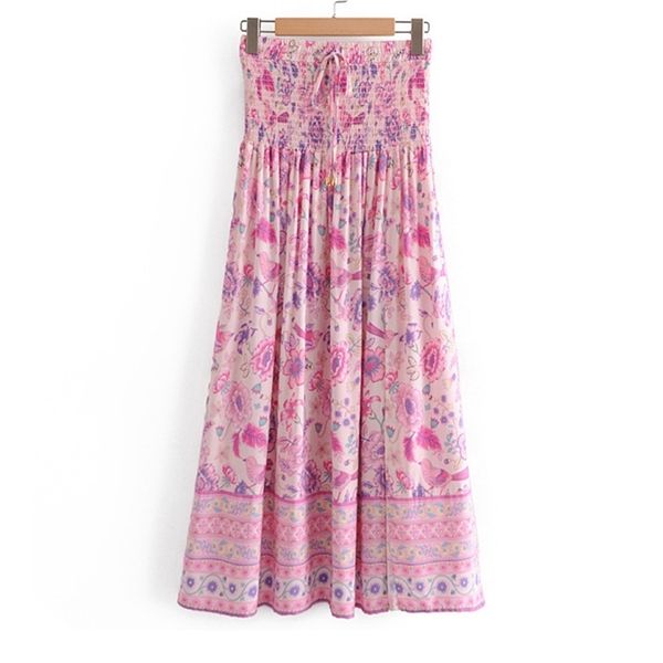 

summer cotton and spex pleated pink plant flower printing shirring folds casual women skirt 210524, Black