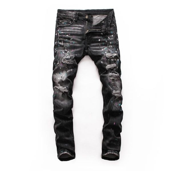

men's jeans 2021 streetwear men black gray slim fit ripped homme paint designer destroyed hip hop, Blue