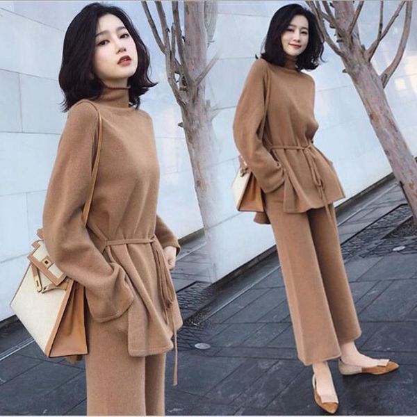 

two piece dress women spring solid knitting sashes turtleneck pullovers + wide leg pants sets knitted sweaters trousers set 2 pieces out, White