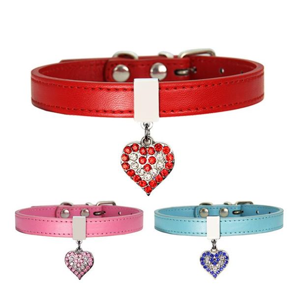 

dog collars & leashes fashion pu leather pet collar diamond heart pendant for puppy cat chihuahua small neck strap adjustable