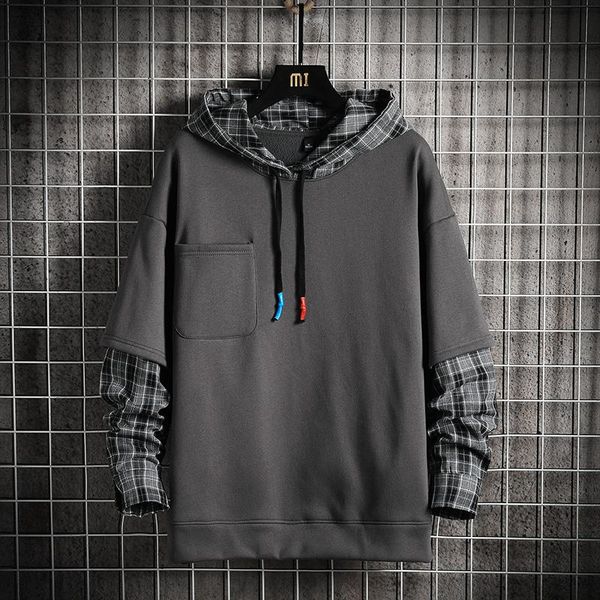 

men's hoodies & sweatshirts plaid patchwork hoodie men 2021 brand harajuku high street oversized hooded streetwear clothing, Black