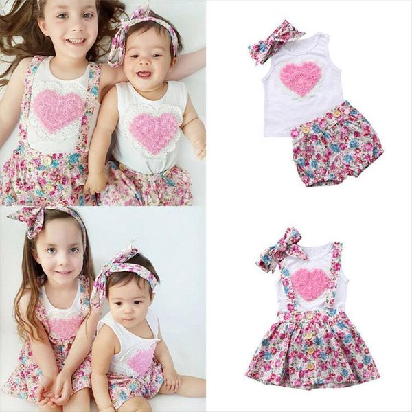 

newborn baby girl sister matching outfit clothes sleeveless heart t shirt pants skirts valentine cute set, White