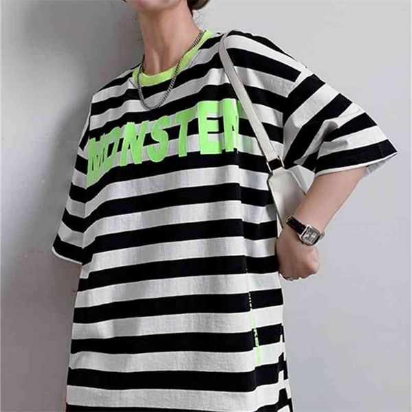 

female stripe prining shir shor sleeve summer loose mid-lengh clohes harajuku woman shir plus size 210507, White