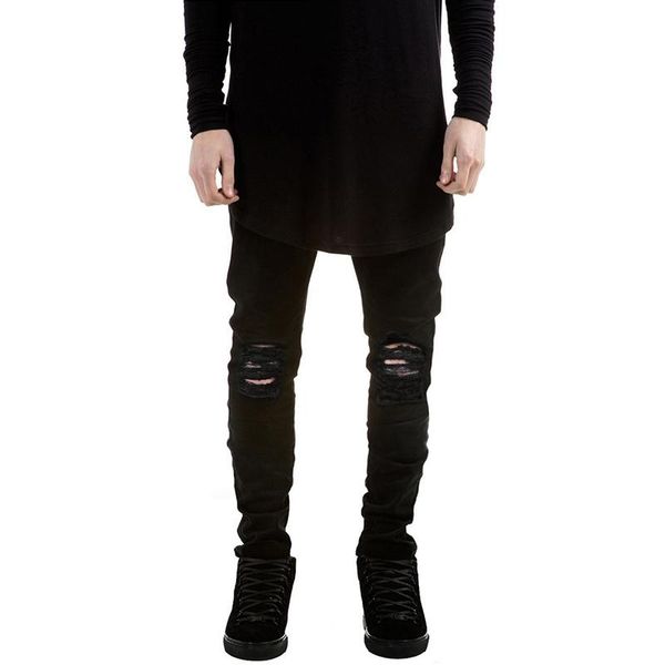 

men's jeans for foreign trade euro american high street fashion brand pure black slim fit small foot elastic men, Blue