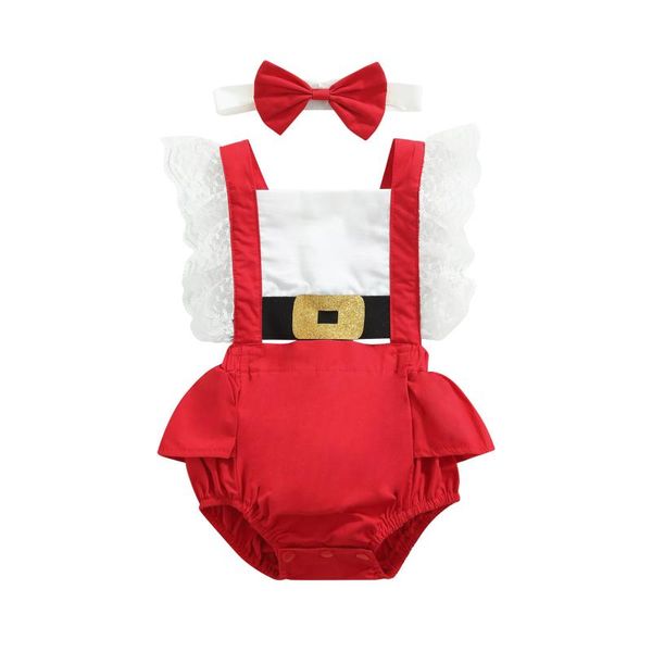 

rompers infant baby girls variegated color romper with bow knot headdress, red lace hem backless overalls, Blue