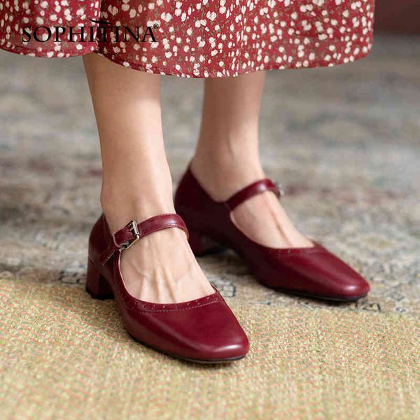 

sophitina mary jane sweet shoes female square toe daily one-line buckle shoes handmade comfortable thick heel women pumps ao379 210513, Black