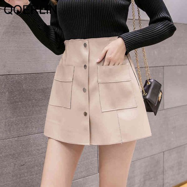 

skirts fashion pocket elastic high waist button women pu midi shorts female black faux leather skirt plus size