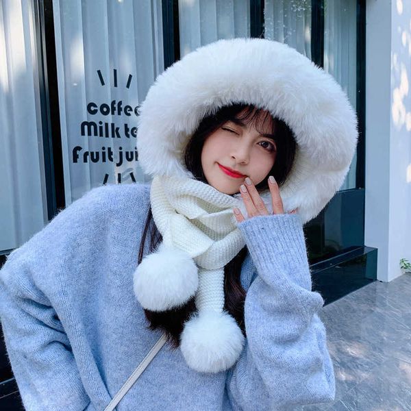 

2021 winter cute ball hat scarf two-piece set women's knitted wool bib hat set, Blue;gray